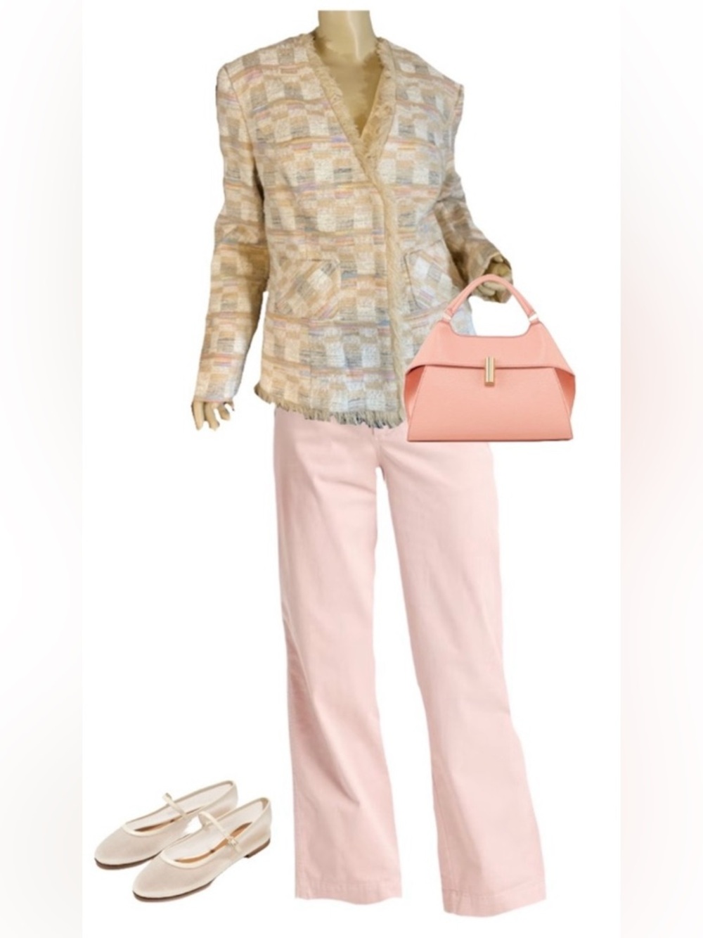 NEWPORT NEWS "EASY STYLE" CREAM, TAN, BLUE & PINK PASTEL FRINGE BLAZER (12)
